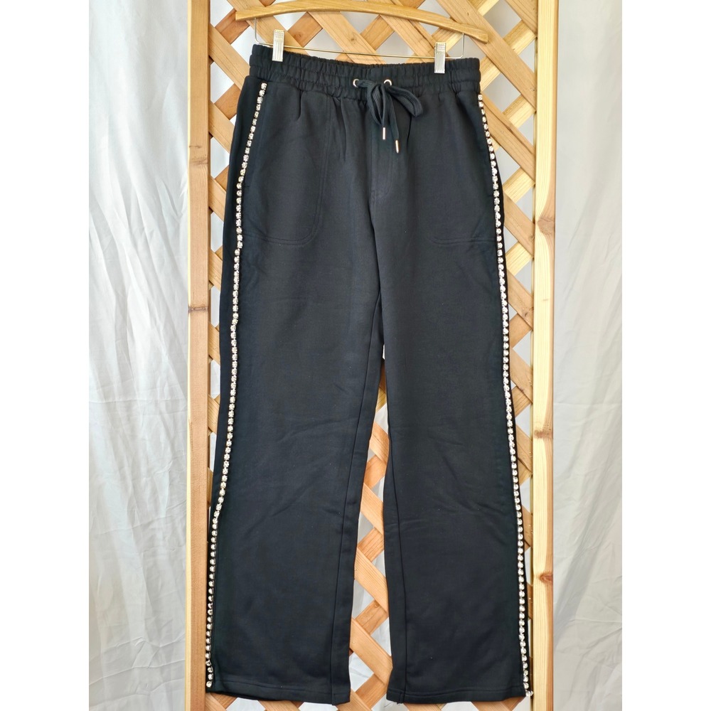 Forever 21 Wide Leg Sweatpants Women L Black Rhinestone‎ Trim Drawstring -New